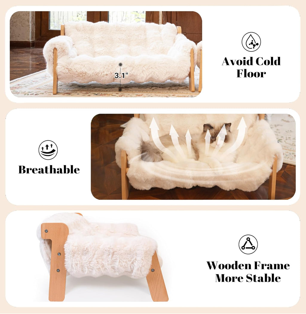 Elevated Cat Couch Bed Wooden Raised Kitty Sofa Lounge Chair | Washable Fluffy Cover Wooden Elevated Pet Furniture for Indoor Cats and Puppy(White) - view 4
