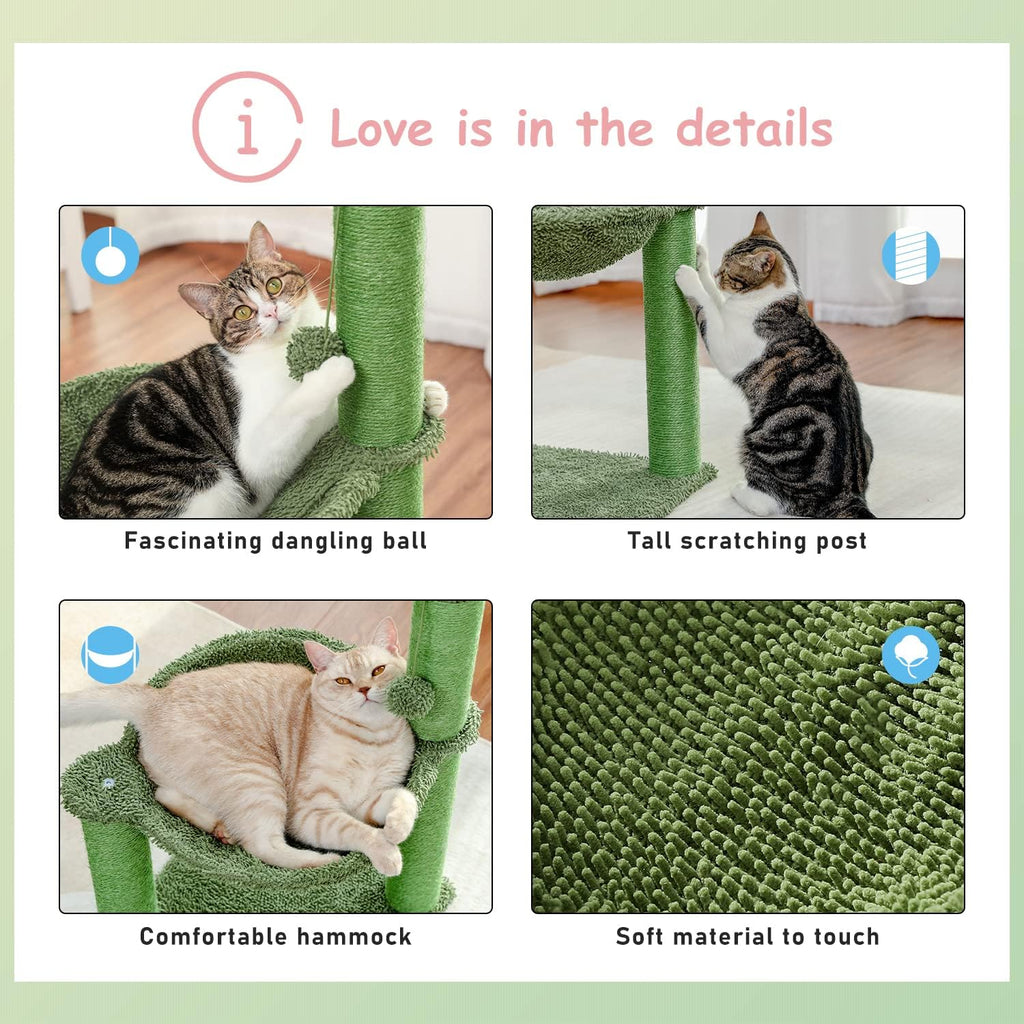 Cactus cat scratching post, 33" cat tree with hammock & scratch | tall cactus scratcher with large 15.7" dia hammock, dangling ball & durable sisal posts for indoor & large cats - view 4