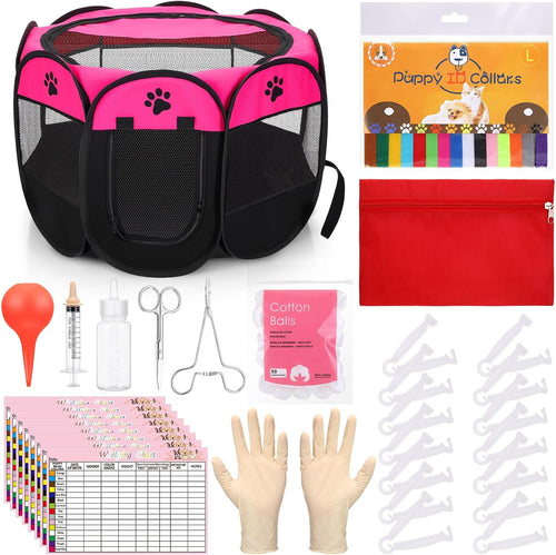 45 Pcs Puppy Dog Kitten Whelping Supplies Starter Kit for Birth Include Pet Playpen Whelping Collar Cord Clamp Bulb Aspirator Syringe Bottle Scissor Glove Bag for New Born Pet Supplies