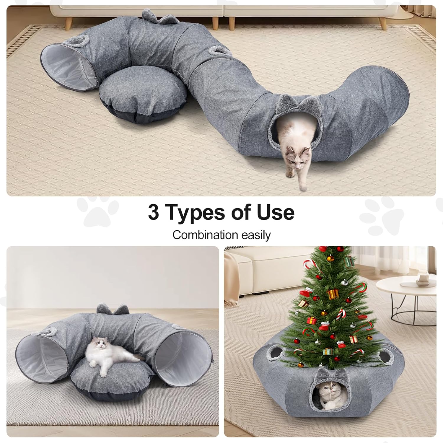 Linen cat tunnels with central cat bed, interactive cat toys detachable washable soft mat large indoor play tunnel cave for kittens and small animals - view 4