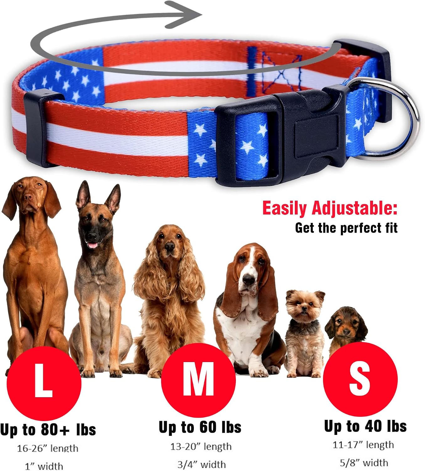 American Flag Dog Collar- Red White and Blue- Patriotic Collars for 4th of July, USA- Adjustable Small, Medium, Large Breed Dogs (Large, Flag I) - view 3
