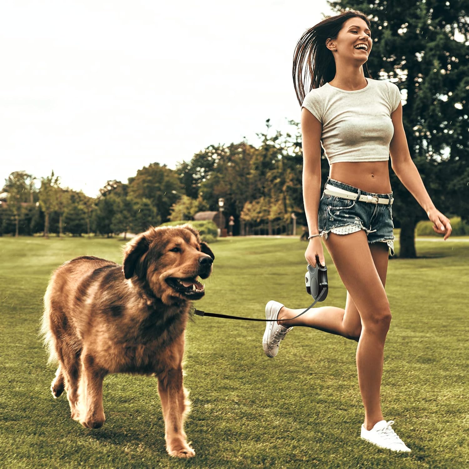 Fida Retractable Dog Leash for Small Breed up to 26 lbs, 16 ft Pet Walking Leash with Dispenser and Poop Bags, Anti-Slip Handle, Reflective Strong Nylon Tape, One-Handed Brake (S, White & Pink) - view 7
