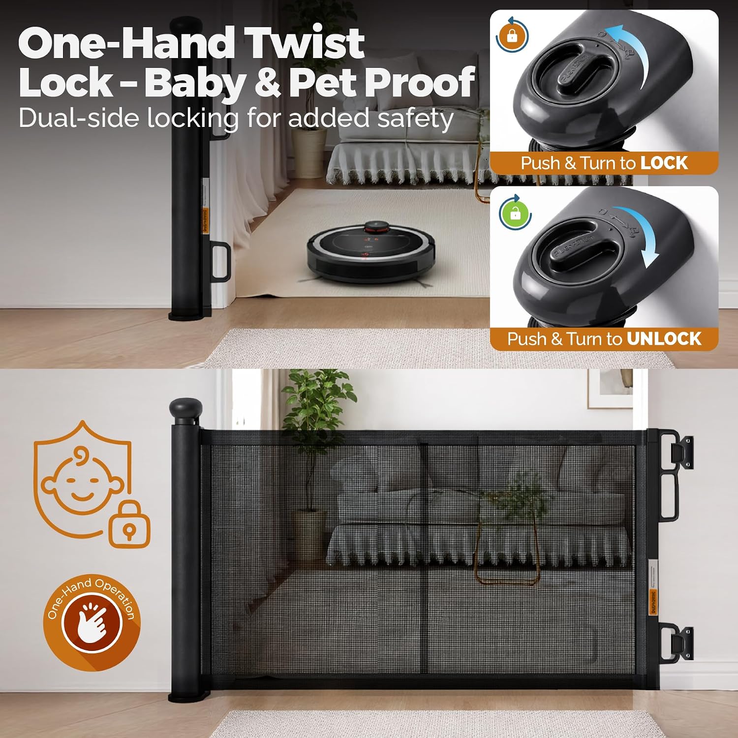 Retractable Baby Gate - 118" Extra Wide Mesh Dog Gate with Support Rods - 34" Tall for Stairs, Doorways, Hallways - Drill or No-Drill - Pet & Cat Gate - Outdoor/Indoor (Black, 9.84 ft) - view 6