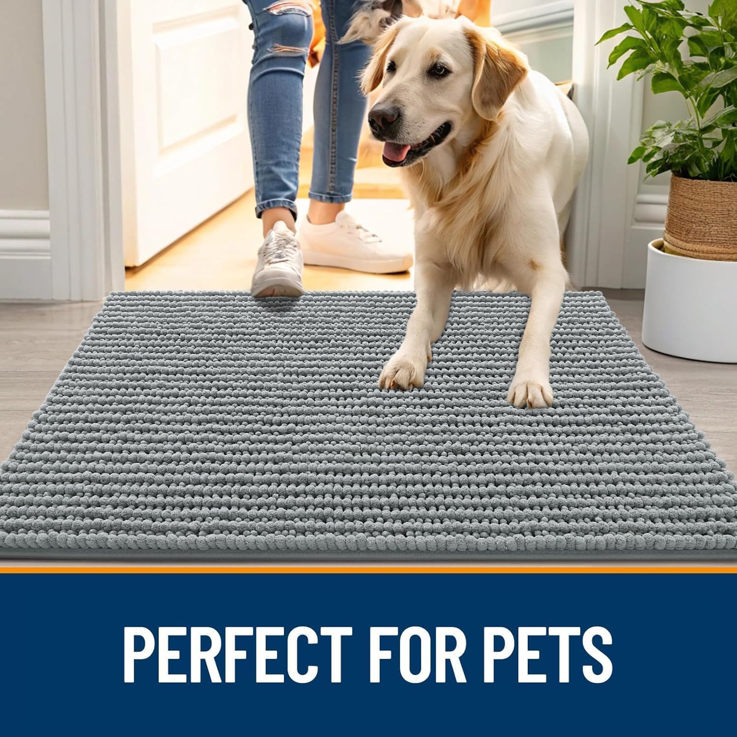 Dog Door Mat for Muddy Paws 30x20, Extra Absorbent Chenille Mud Mat | Grey, Absorbs Moisture and Dirt, Non-Slip Machine Washable Doormat, Quick-Drying Indoor Entryway Floor Mat for Dogs - view 6