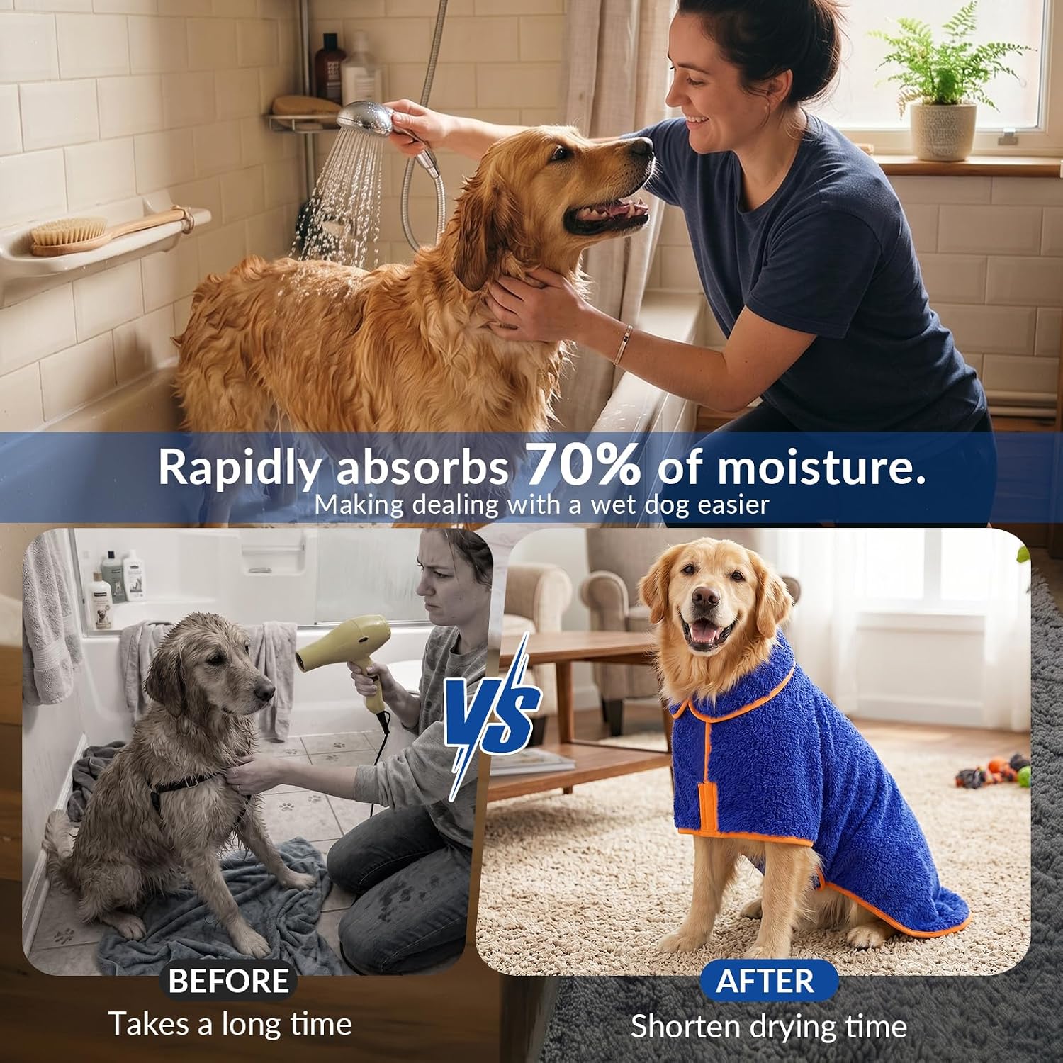 Dog bathrobe, super absorbent for small to large dogs, dark blue XL | dog robes with soft fleece, warm & cozy, adjustable fit, and quick drying coat for baths swimming and grooming - view 3