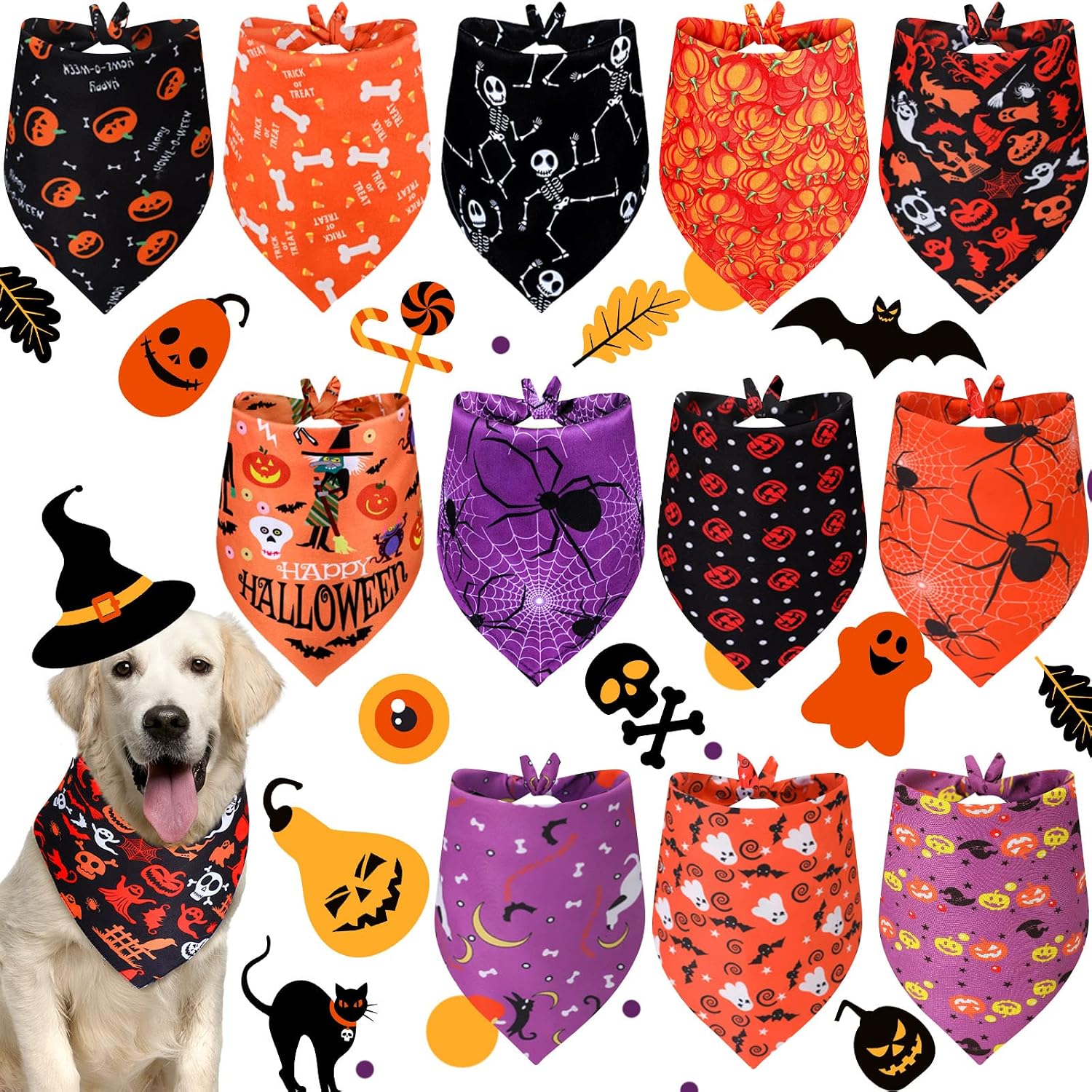 12 pieces Halloween dogs bandanas adjustable triangle bandana with bat ghost pumpkin patterns for Halloween puppy cat costume pet apparel accessories