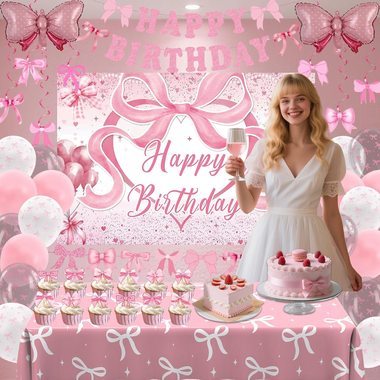 Pink Bow Birthday Decorations for Girls Women, Coquette Birthday Decorations, Pink and White Happy Bday Banner Backdrop Balloons Tablecloth Hanging Swirls Cake Toppers, Bows Theme Party Decor Girl - view 4