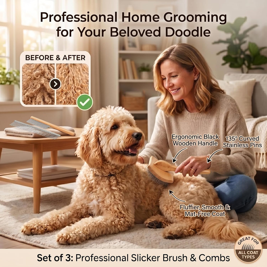 Wooden long pin slicker brush for dog, poodles & doodles long hair | grooming, fluff & detangle heavy dense wavy curly coats to easily prevent severe hair matting during shedding seasons - view 2