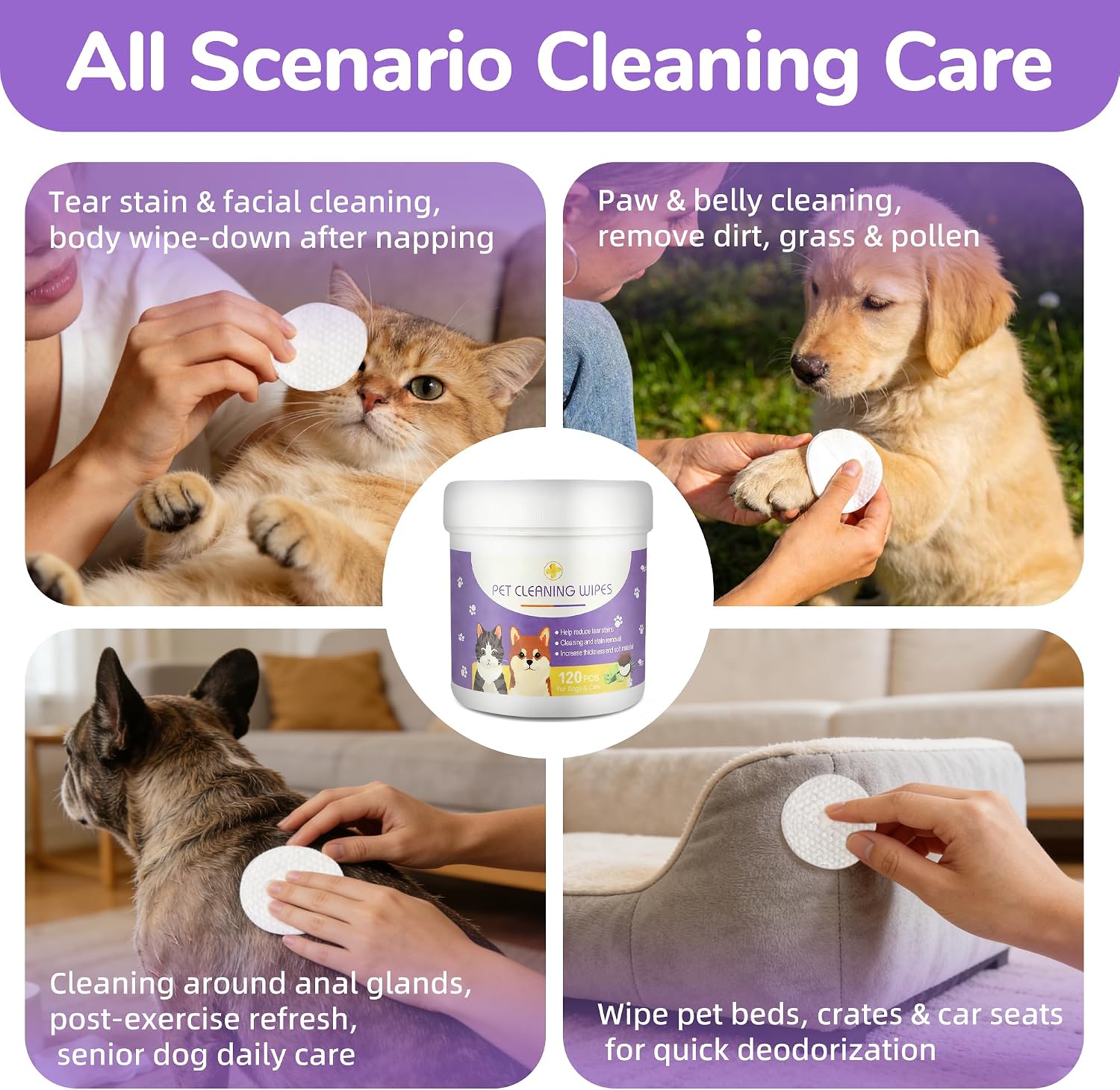 Dog Eye Wipes, 120 Count Cat Eyes Cleaning Wipes Gentle Pet Tear Stain Remover, Hypoallergenic Puppy Dogs Eye Wash Cleaner for Debris Discharge Mucus, Vet Recommended Aloe Chamomile Pets Wipe Pads - view 8