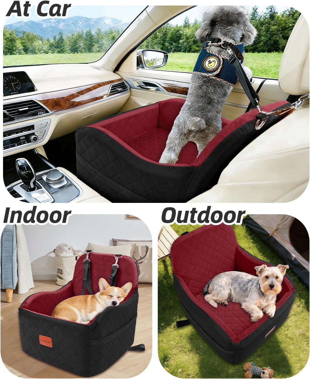 Lealchum dog booster car seat for small/medium dogs, puppy portable car bed with elevated cushion, fully detachable and washable, 2 storage pockets, easy to install (black/red, medium) - view 4