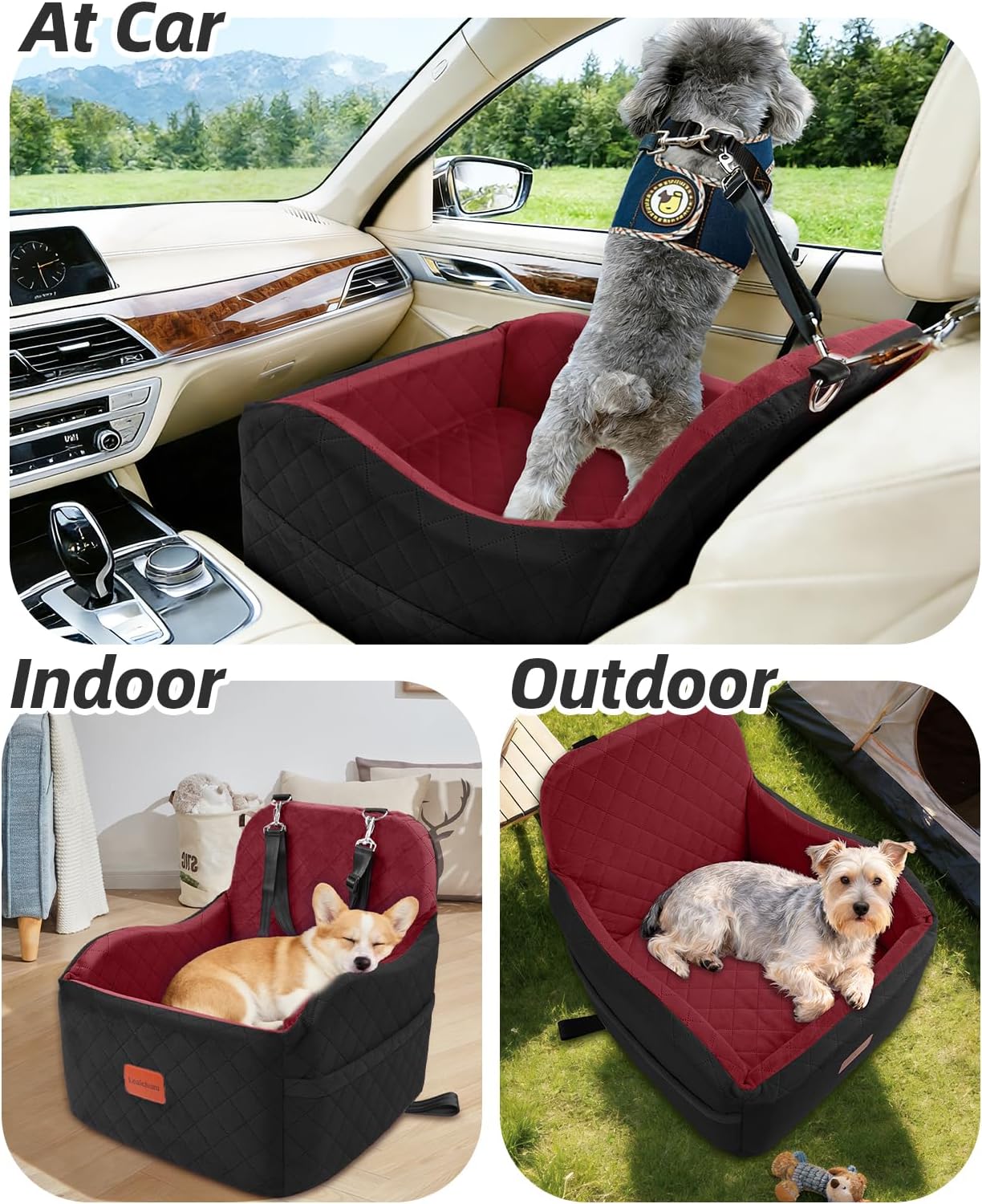 Lealchum dog booster car seat for small/medium dogs, puppy portable car bed with elevated cushion, fully detachable and washable, 2 storage pockets, easy to install (black/red, medium) - view 4