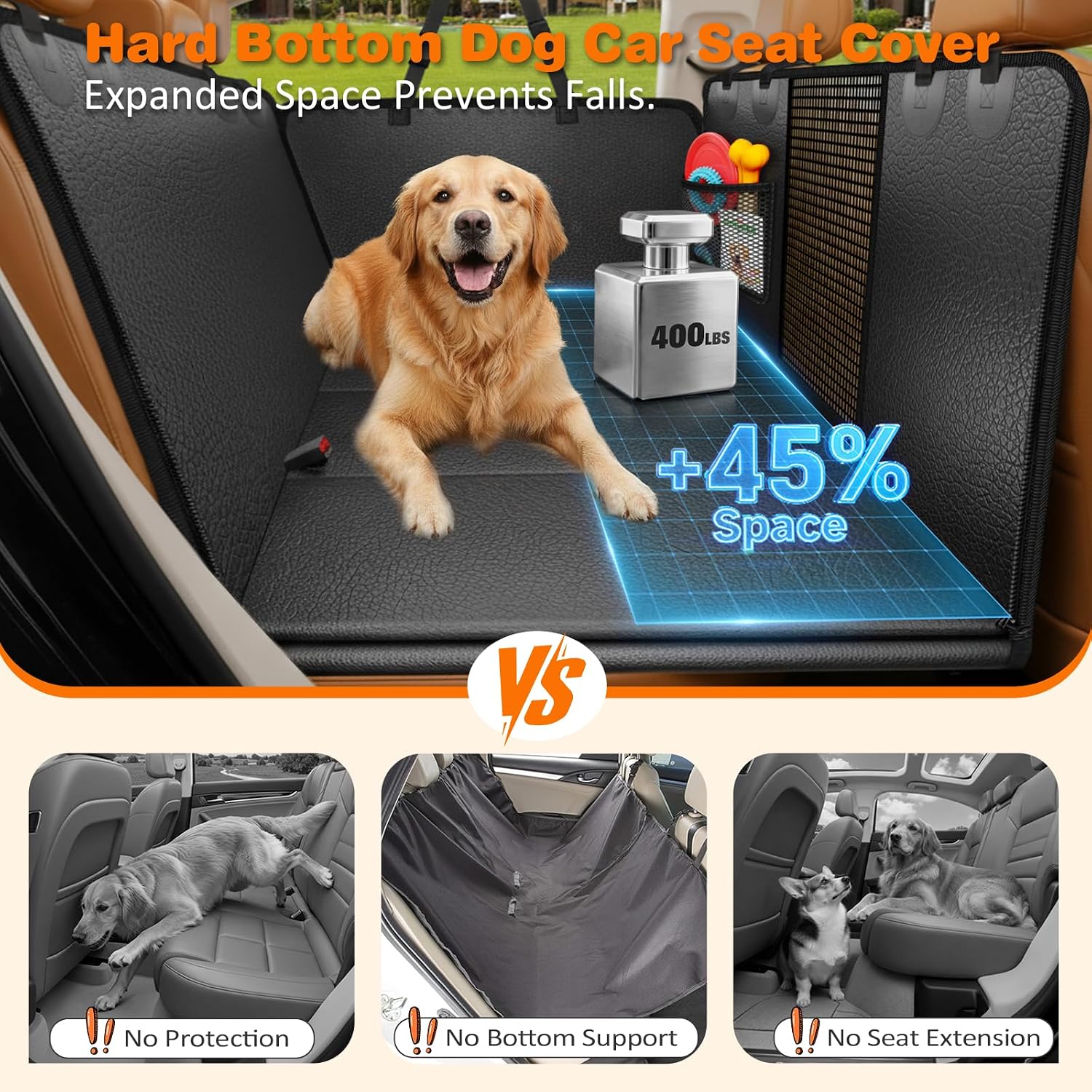 Hard Bottom Dog Car Seat Cover for Back Seat, Waterproof Hammock | 400 lbs Support, 45% More Space, PU Leather, Waterproof, Scratch Resistant, Non-Slip, Mesh Window, Dog Seat Belt Included - view 2