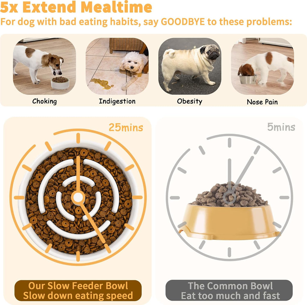 Elevated slow feeder dog bowl, 6.7" ceramic maze dog bowl with stand | 1.5 cups slow feeding dog dish for fast eaters, 5" tall anti-slip raised slow feeder for small and medium breeds, white - view 3