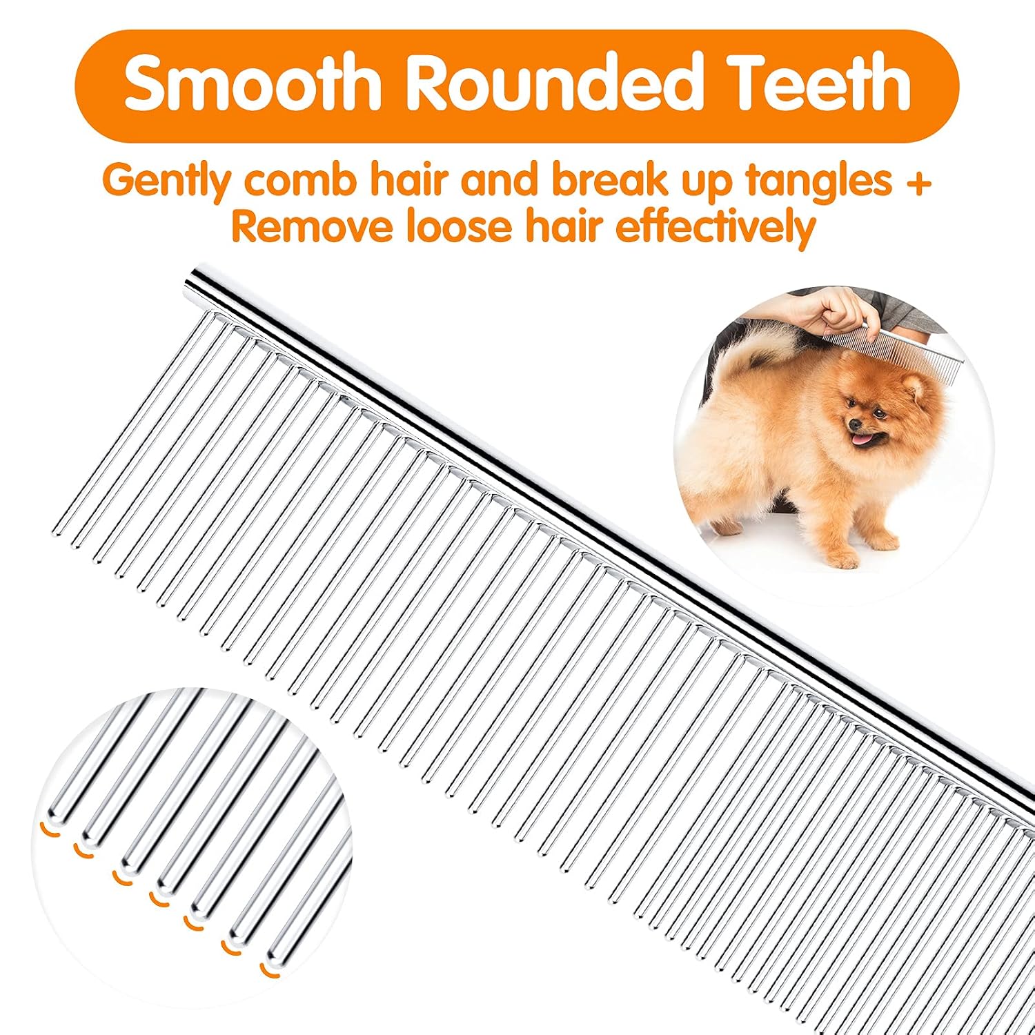 Pet Steel Grooming Tool Poodle Finishing Butter Comb 7 1/2-inch L Silver Dog Combs with Rounded Ends Stainless Steel Teeth, Cat Comb for Removing Tangles and Knots - view 3