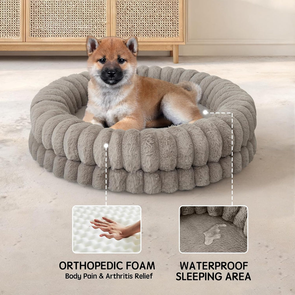 Luxury donut dog bed, 30 inches round dog bed medium size dogs washable, orthopedic calming dogs bed for pets with anti-slip bottom, oatmeal - view 4