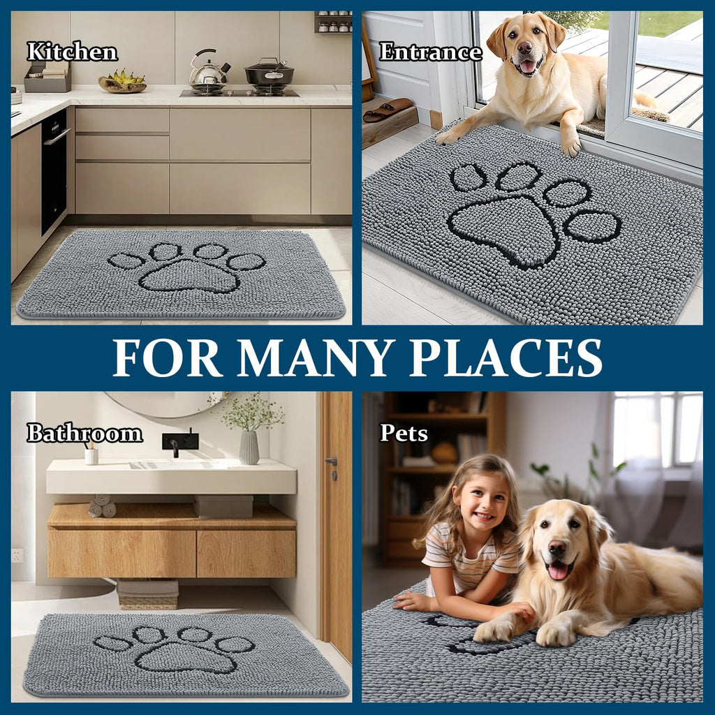 Dog Door Mat for Muddy Paws 30x20, Paw Print Design Chenille Mud Mat | Grey, Super Absorbent, Traps Moisture and Dirt, Non-Slip Washable Doormat, Quick-Drying Indoor Entryway Floor Carpet for Dogs - view 8