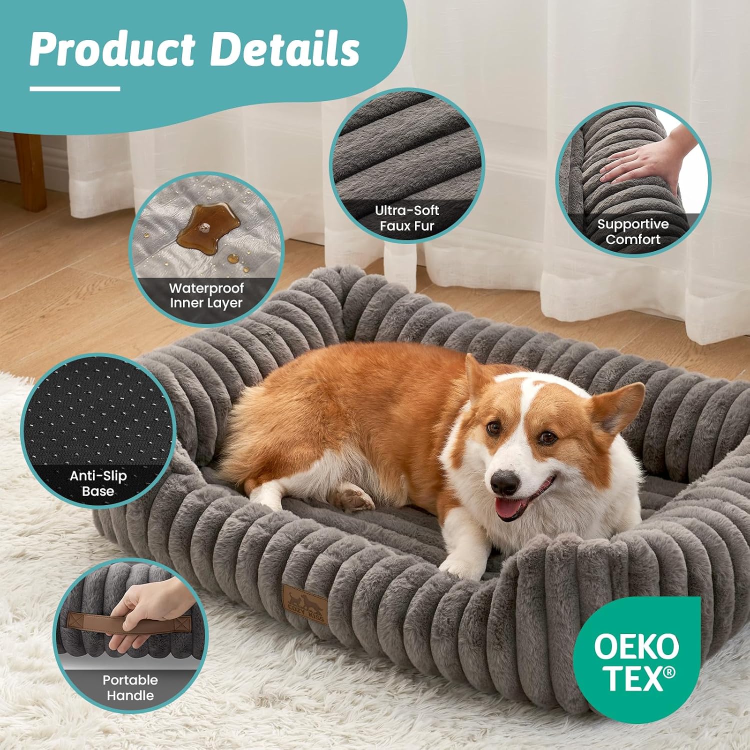 Orthopedic dog bed for small dogs & cats - washable rectangle pet bed with anti-slip bottom, soft calming cat & puppy bed for indoor pets (25"x21"x6", grey) - view 4