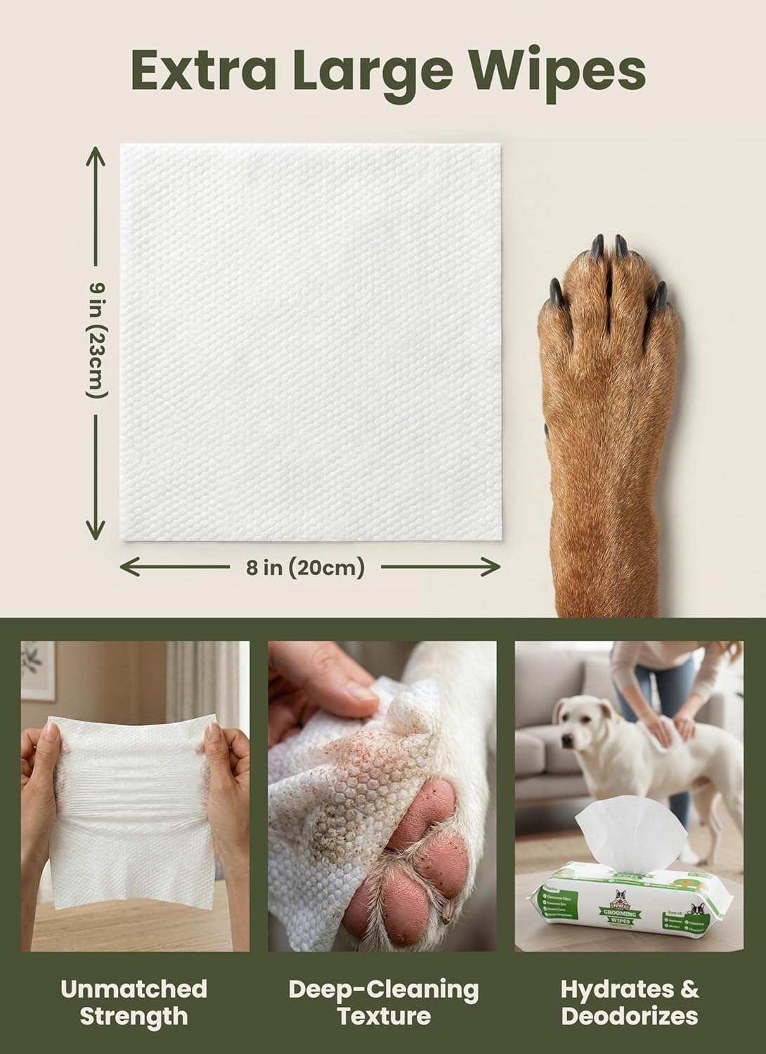 Dog wipes – hypoallergenic pet wipes for paws, body & butt – cleaning & hydrating, green tea scent, 240 count - view 2