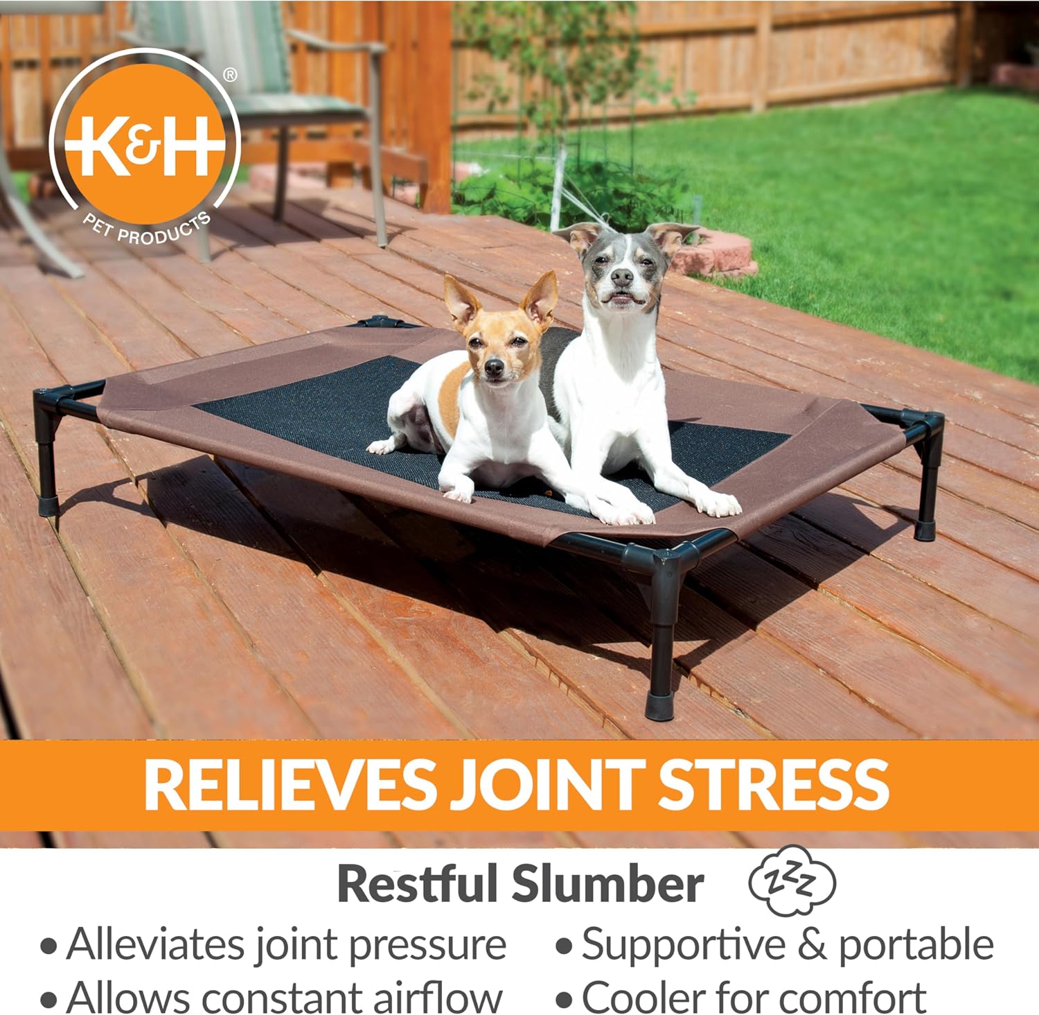 Outdoor elevated dog bed - cooling raised dog bed for medium & large pets, breathable mesh center hammock design, indoor/outdoor washable cover, portable metal frame, chocolate, large 42x30in - view 3
