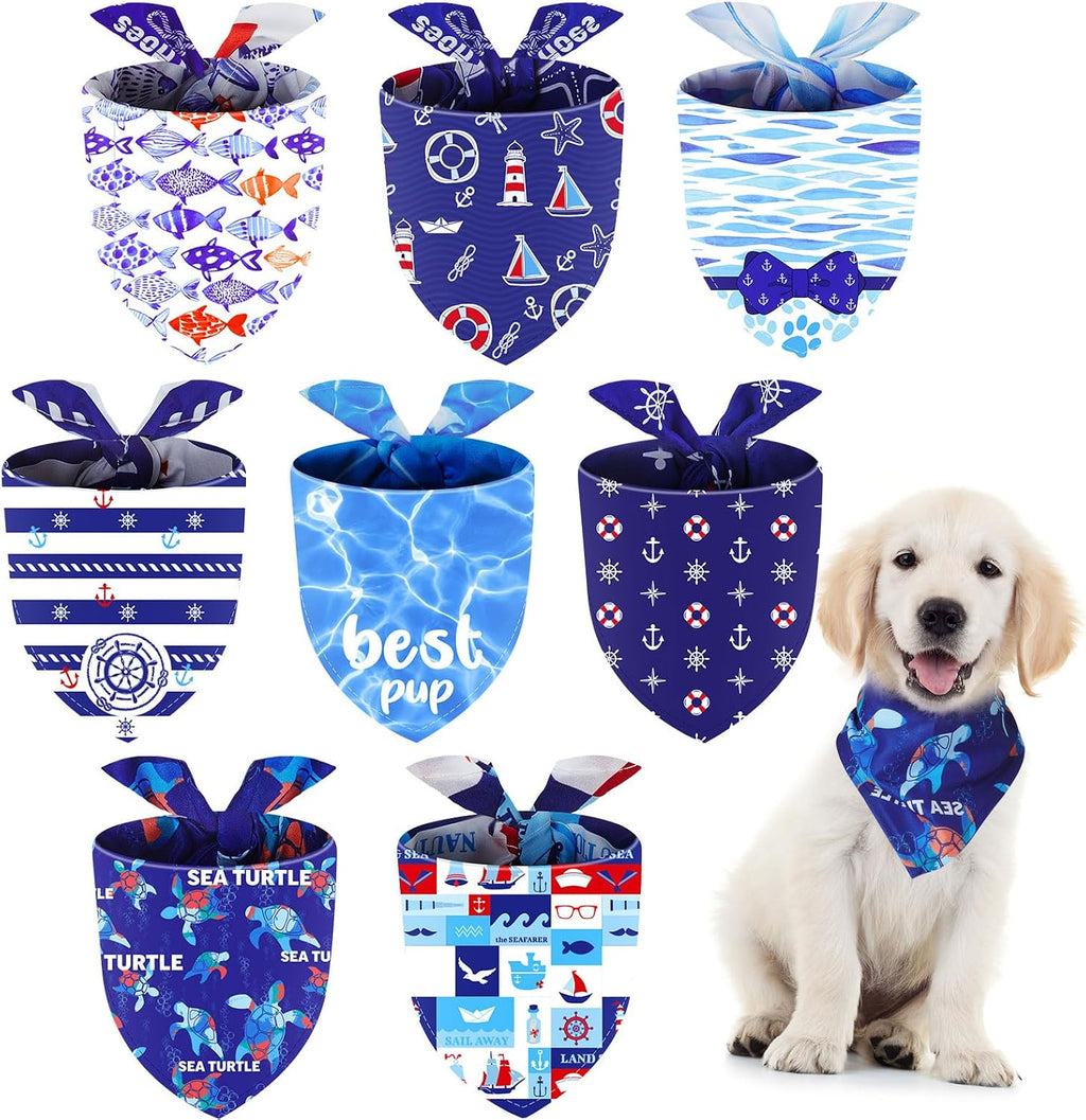 8 Pcs Nautical Dog Bandana Summer Ocean Puppy Bandanas Dog Triangle Scarf Adjustable Washable Bibs Cat Pet for Sea Neckerchief Birthday Party Gift Photo Prop Costume Accessory 25 x 17 x 17 Inch