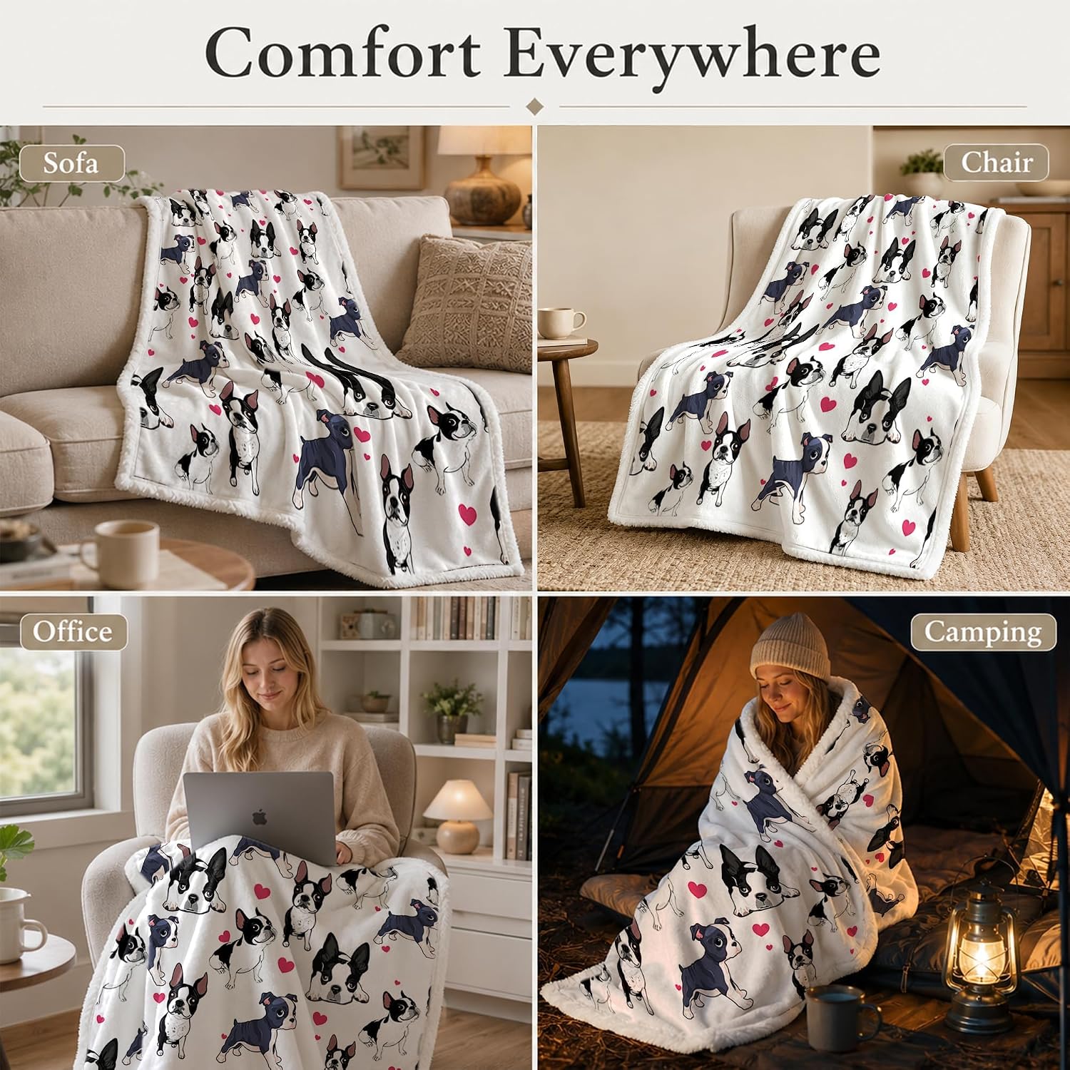 50x60 Sherpa Fleece Throw Blanket, Boston Terrier | sherpa fleece. boston terrier print; for couch, bed, or sofa. - view 5
