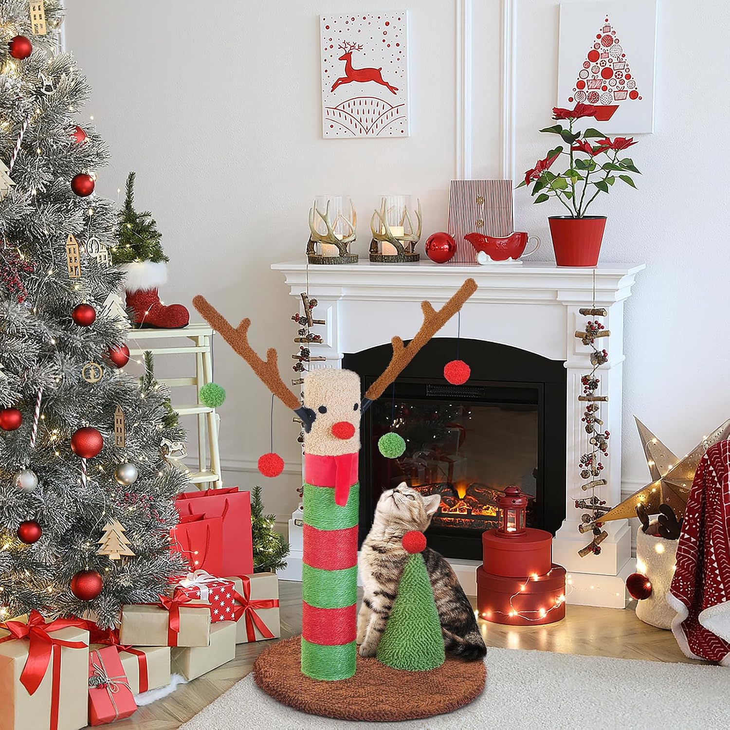 Christmas Cat Scratching Post Deer Cat Trees for Adult Cats Scratcher Cute Toy Kitten Kitty Sisal Scratch with Teaser Ball Indoor 25 inch - view 8