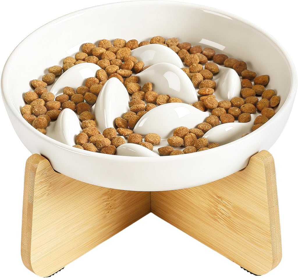 Slow Feeder Cat Bowl with Stand, Ceramic Slow Eating Cat Bowl with Higher Edges Fish Pool Design Elevated Food Bowls for Dry and Wet Food Anti-Vomiting Puzzle Feeder for Healthy Eating Diet