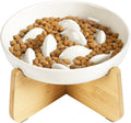 Slow Feeder Cat Bowl with Stand, Ceramic Slow Eating Cat Bowl with Higher Edges Fish Pool Design Elevated Food Bowls for Dry and Wet Food Anti-Vomiting Puzzle Feeder for Healthy Eating Diet