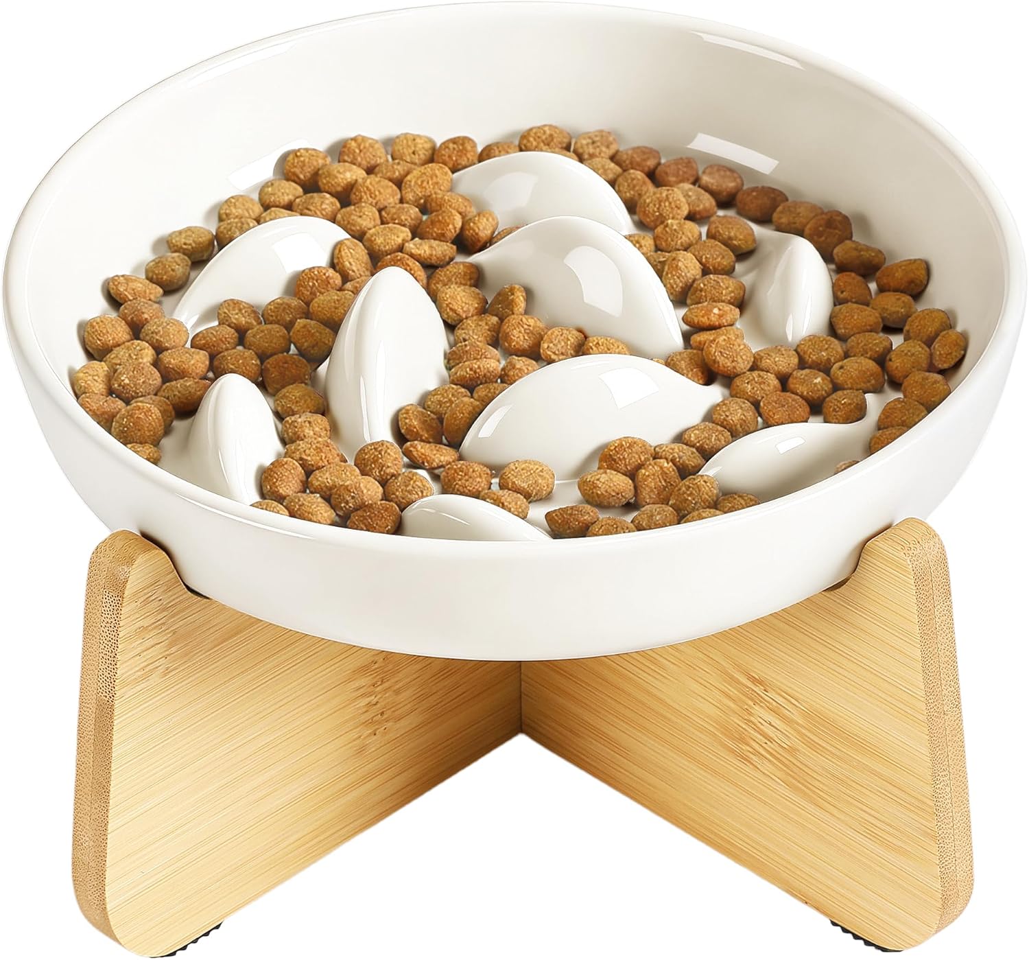 Slow Feeder Cat Bowl with Stand, Ceramic Slow Eating Cat Bowl with Higher Edges Fish Pool Design Elevated Food Bowls for Dry and Wet Food Anti-Vomiting Puzzle Feeder for Healthy Eating Diet