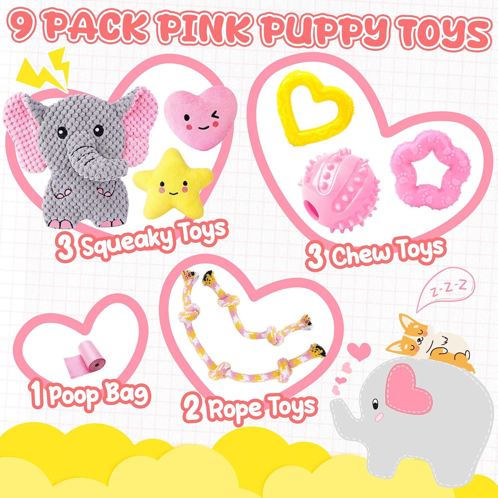 Pink Puppy Toys - 9 Pack Puppy Chew Toys for Teething, Enrichment Dog Toys for Small Dogs to Keep Them Busy, Squeaky Plush Toy for Boredom - view 2