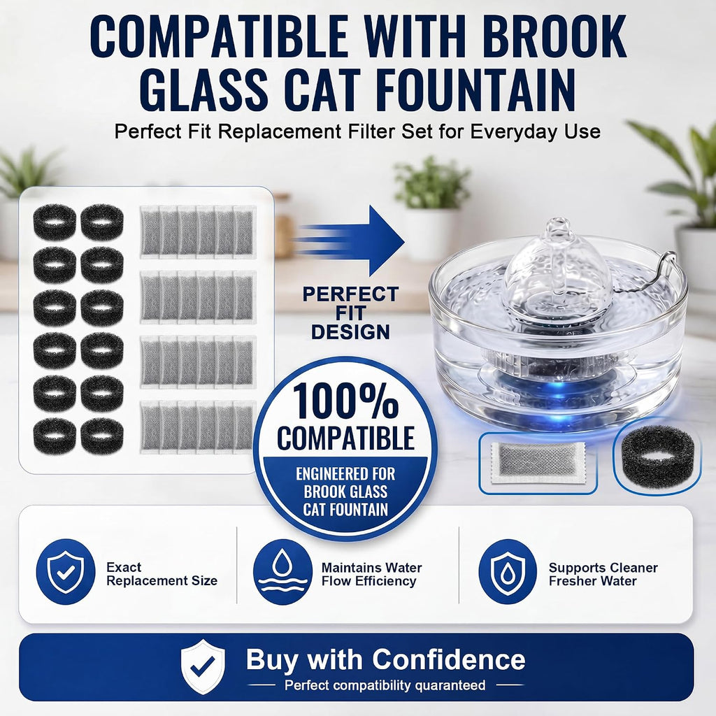 Glass Pet Fountain Filter Compatible with Brook, Cat Water Fountain Filters Kit- 12 Filter Rings & 24 Activated Carbon Pouches, 12 Month Supply Replacement Filters Set - view 5