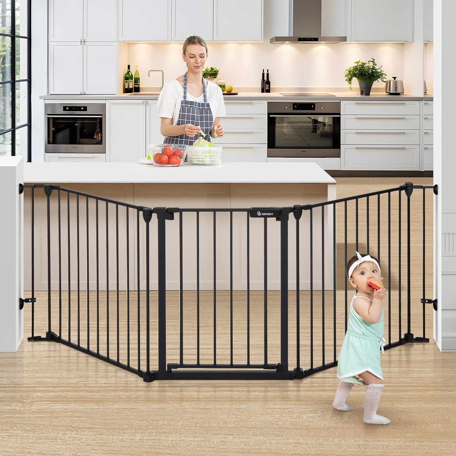 80" Extra Wide Baby Gate, Dog Gate for House Stairs Doorways | Auto Close Pet Gate with Door Walk Through, 3 Metal Panels, Hardware Mounted Baby Fence Indoor Outdoor(30" Tall, Black)