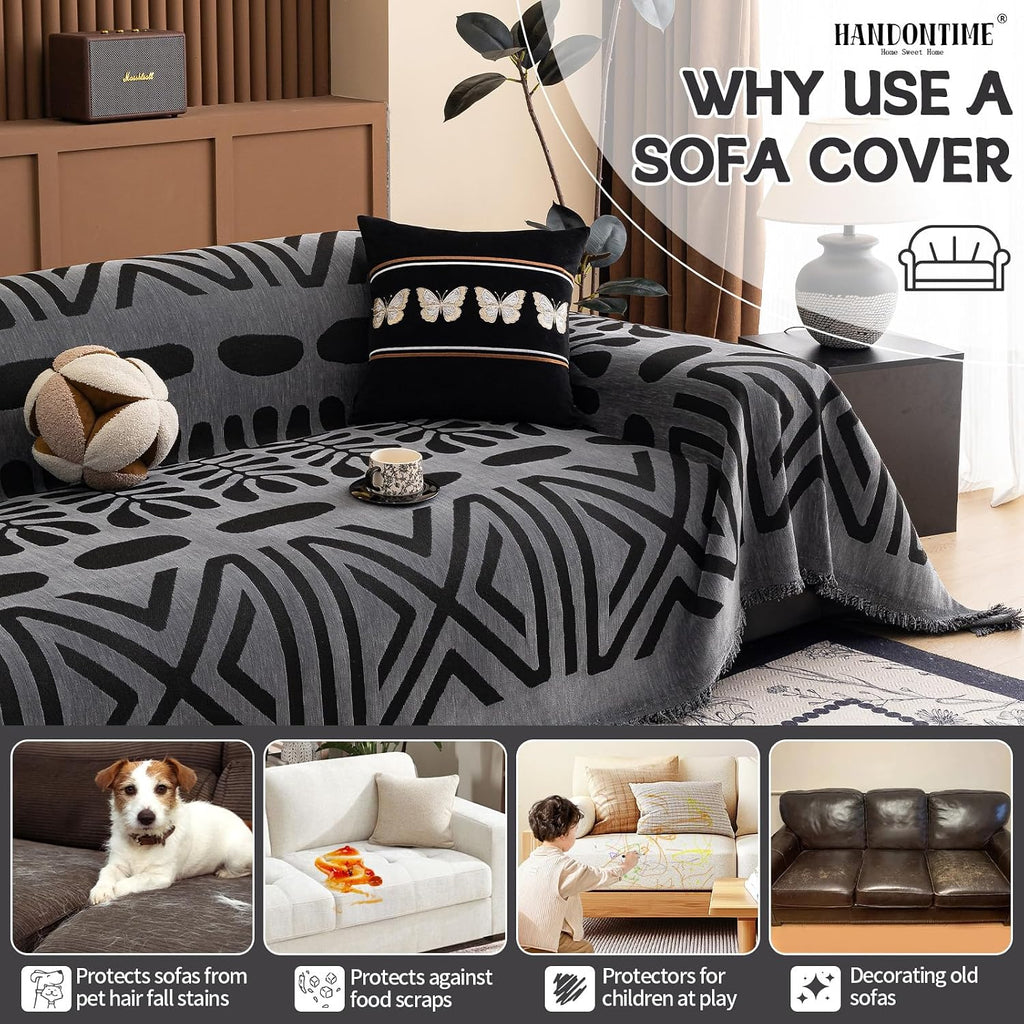 Boho Couch Cover Blanket Geometric Striped Pet Covers for Couches and Sofas Dark Grey and Black Dog Cover for Couch Pet Friendly Chenille Sectional Sofa Covers for Pets Washable, 71" X150" - view 5