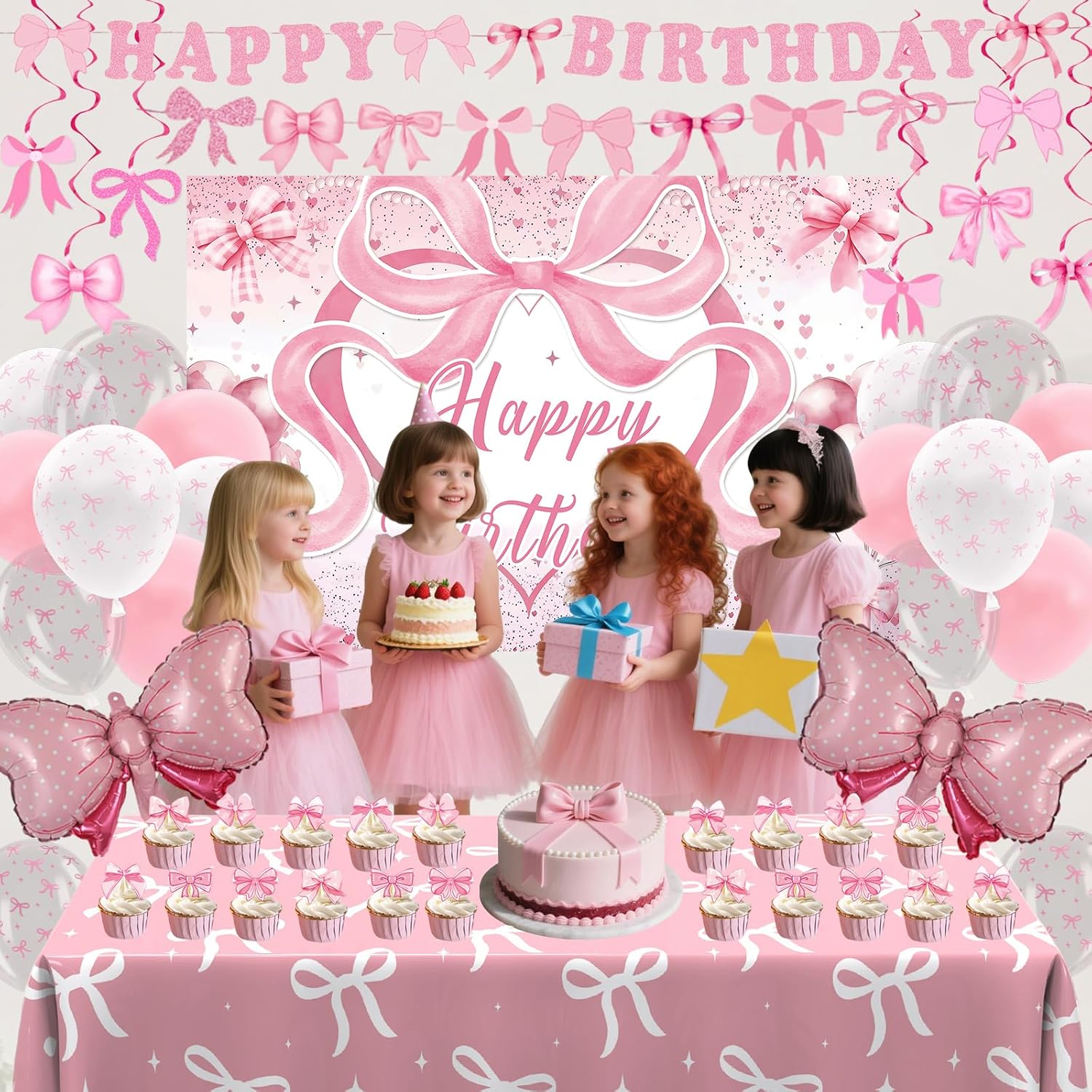 Pink Bow Birthday Decorations for Girls Women, Coquette Birthday Decorations, Pink and White Happy Bday Banner Backdrop Balloons Tablecloth Hanging Swirls Cake Toppers, Bows Theme Party Decor Girl - view 3