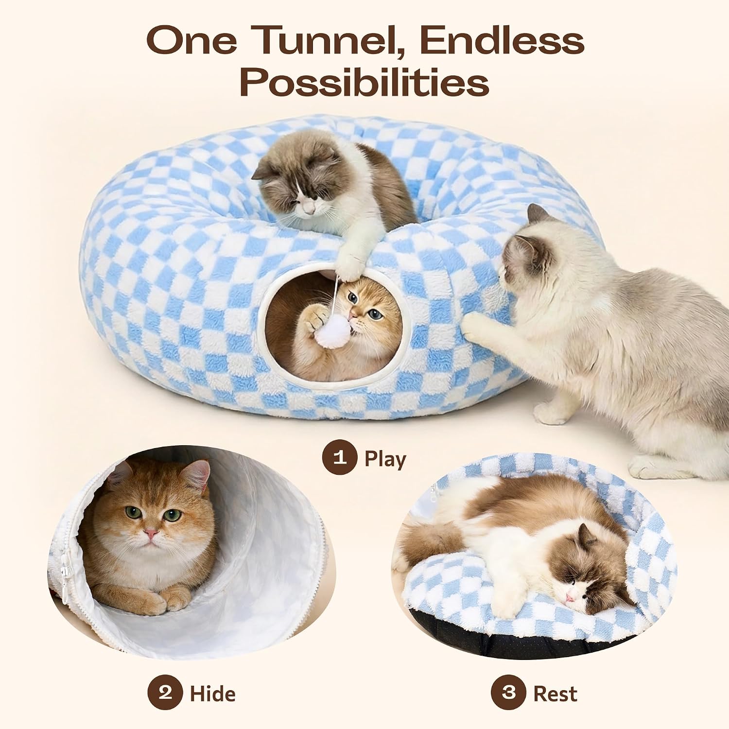 Indoor Cat Tunnel with Donut Bed - Large Flexible Play Space for Multiple Pets - Circle or Snake Shape, Cozy Lounge (Jungle Nest) - view 3