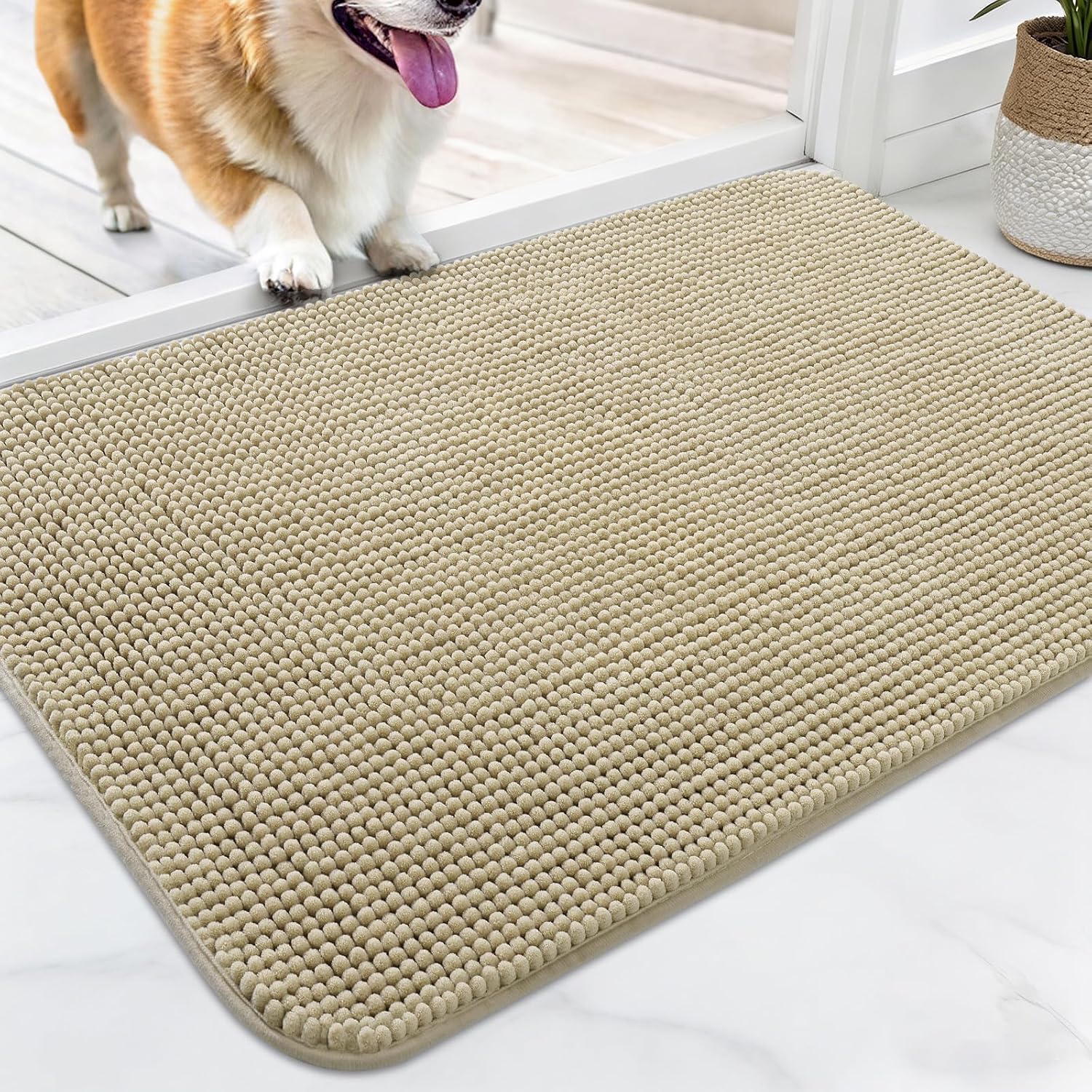 Dog Door Mat for Muddy Paws 32x20, Ultra Absorbent Chenille Mud Doormat, Non-Slip Washable and Dirt Trapping Indoor Doormat for Entryway, Quick-Dry Front Door Mat for Indoor Dogs, Beige