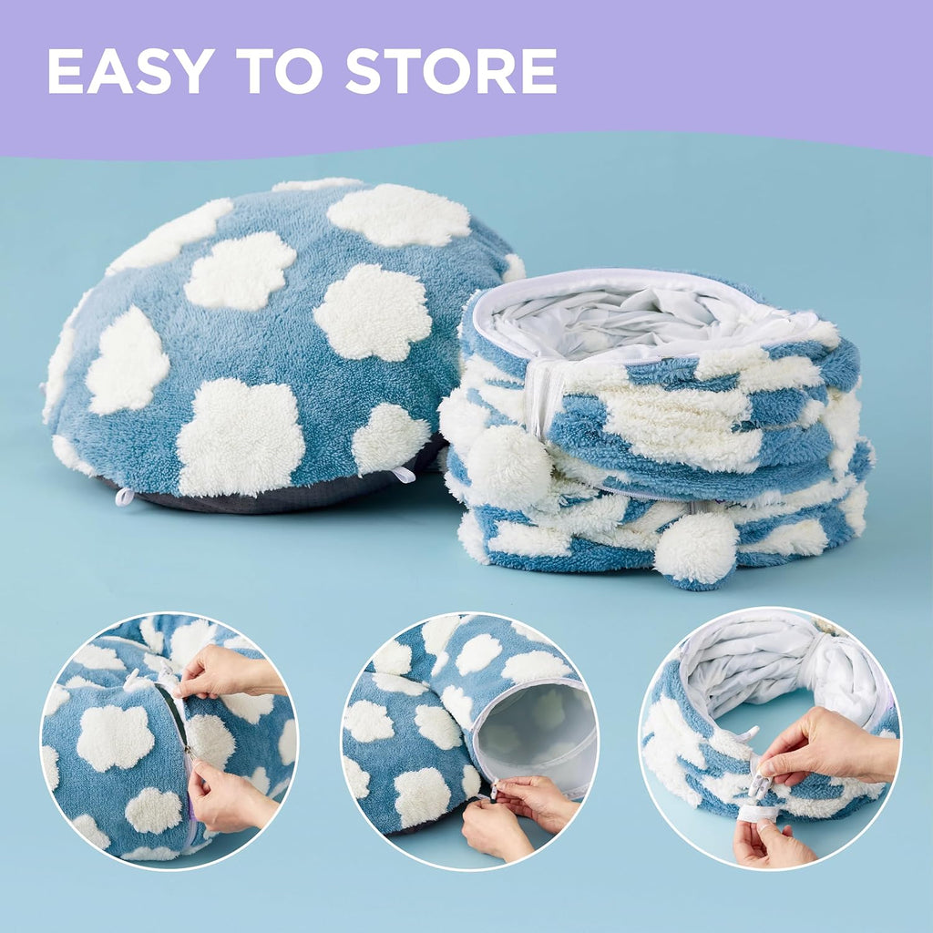 Donut cute jacquard cat tunnel bed kitten toys for puppy bunny | 33.5x33.5x10in, round cat bed tube for indoor cats rabbit dog, pet peekaboo cave toy, spiral hideaway, washable cushion, blue - view 4