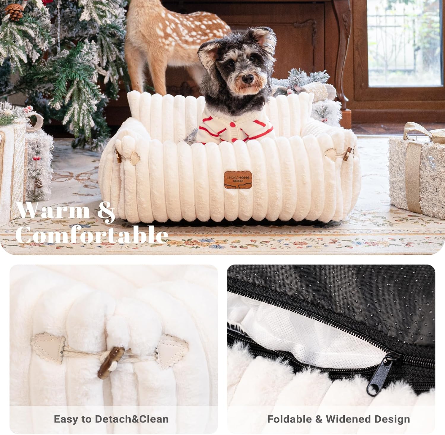 Cat Couch Bed for Indoor Cats Fluffy Cat Sofa Recliner with Removable Washable Cover Cute Pet Lounge Suitable for Puppy Kitten (Off-White) - view 3