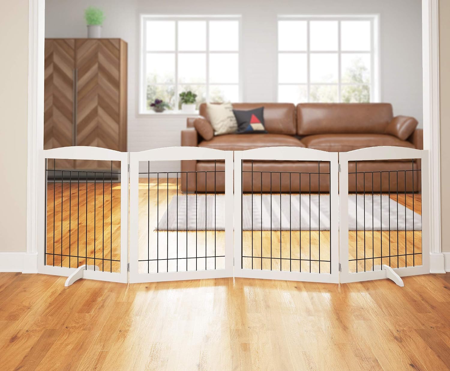 Extra Wide Dog gate for The House, Doorway, Stairs, Dog Fences Indoor, Freestanding Foldable Wooden Pet Gates for Dogs, Set of Support Feet Included, 96 in Wide 30 in Tall, 4 Panels White | Freestanding Wooden Pet Gates for Dog, Dog Fences Indoor, Set of