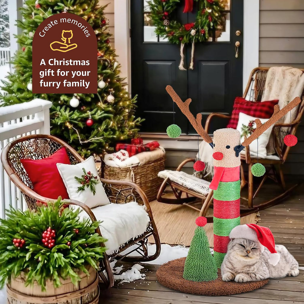 Christmas Cat Scratching Post Deer Cat Trees for Adult Cats Scratcher Cute Toy Kitten Kitty Sisal Scratch with Teaser Ball Indoor 25 inch - view 6