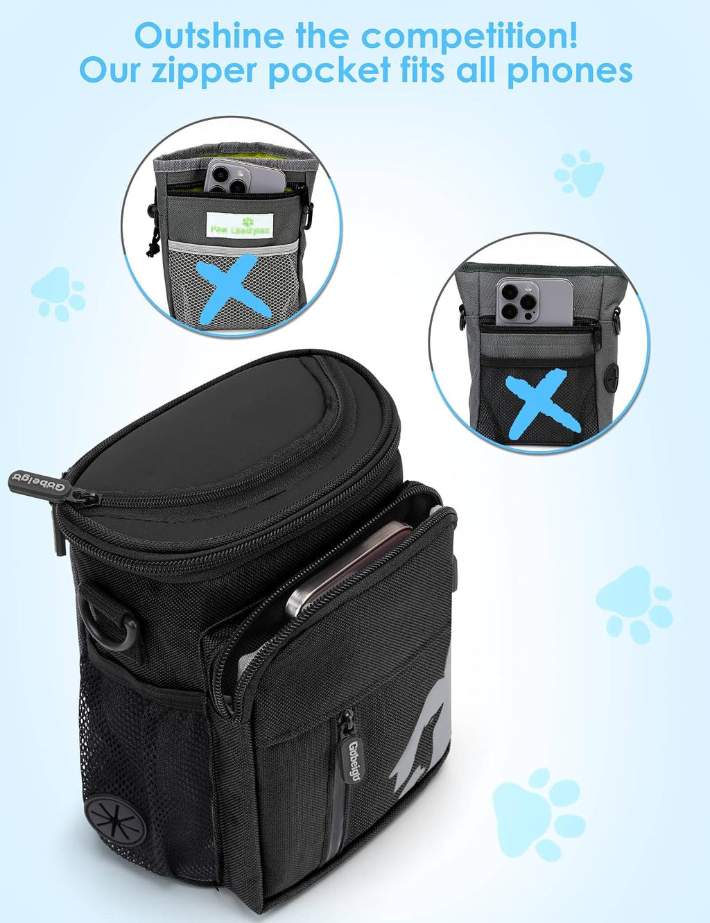 8 Cup Dog Treat Pouch with Training Clicker(Full Black) | 3 Ways to Wear/ Built-in Poop Bag Dispenser/ Zipper Front Pocket Phone Friendly Treat Bag for Pet Training & Walking - view 3