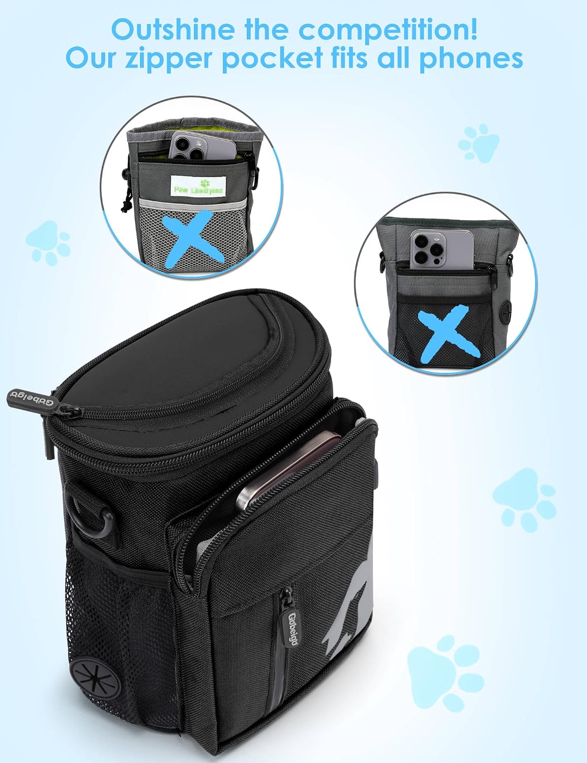 8 Cup Dog Treat Pouch with Training Clicker(Full Black) | 3 Ways to Wear/ Built-in Poop Bag Dispenser/ Zipper Front Pocket Phone Friendly Treat Bag for Pet Training & Walking - view 3