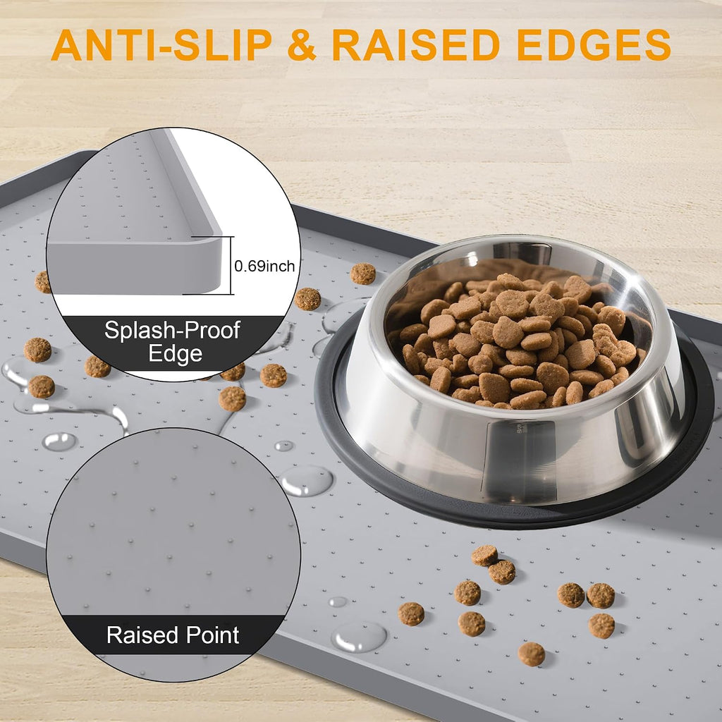 Silicone pet Food mats for Floor Waterproof Water Tray for pet Bowl | Grey 24" x 16" xl pet food mat 0.5” inch raised edge, cat food mats for indoor, pet feeding mat water bowl tray for floors - view 2