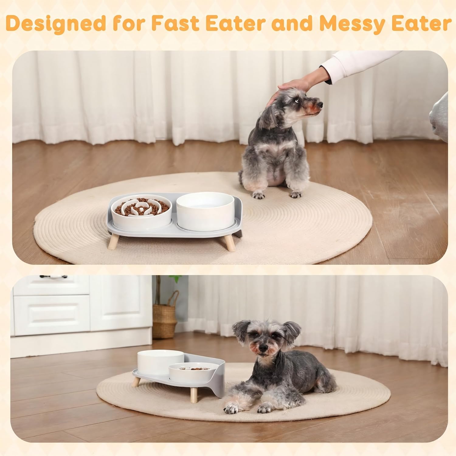Elevated slow feeder dog bowls with splash proof stand, slow eating 5X | 6.5″ dog slow feeding bowls & 6.1″ dog food dish, non-slip raised food and water bowl set for small and medium breeds, white - view 6