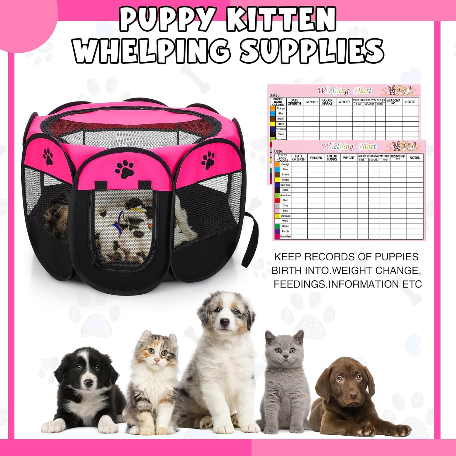 45 Pcs Puppy Dog Kitten Whelping Supplies Starter Kit for Birth Include Pet Playpen Whelping Collar Cord Clamp Bulb Aspirator Syringe Bottle Scissor Glove Bag for New Born Pet Supplies - view 7