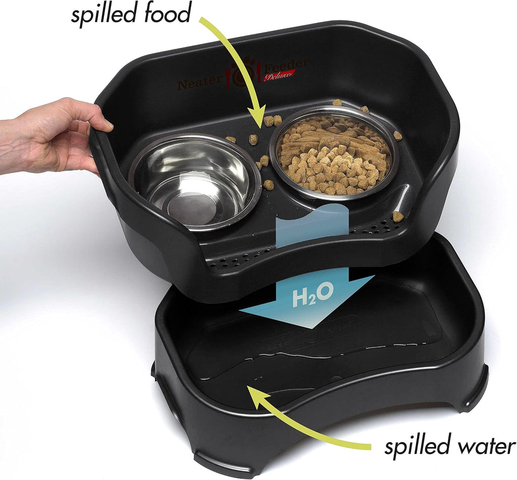 Mess-proof elevated dog bowls for large dogs (40+ lbs), 2 height adjustable (14.5" & 17.5") no-spill raised dog bowl stand, stainless steel food bowl set, made in USA, black - view 3