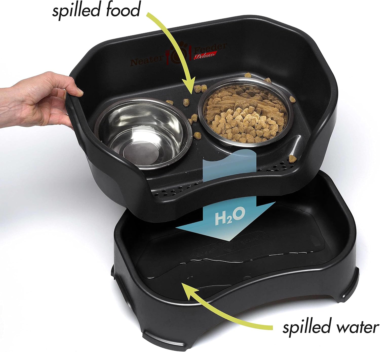 Mess-proof elevated dog bowls for large dogs (40+ lbs), 2 height adjustable (14.5" & 17.5") no-spill raised dog bowl stand, stainless steel food bowl set, made in USA, black - view 3