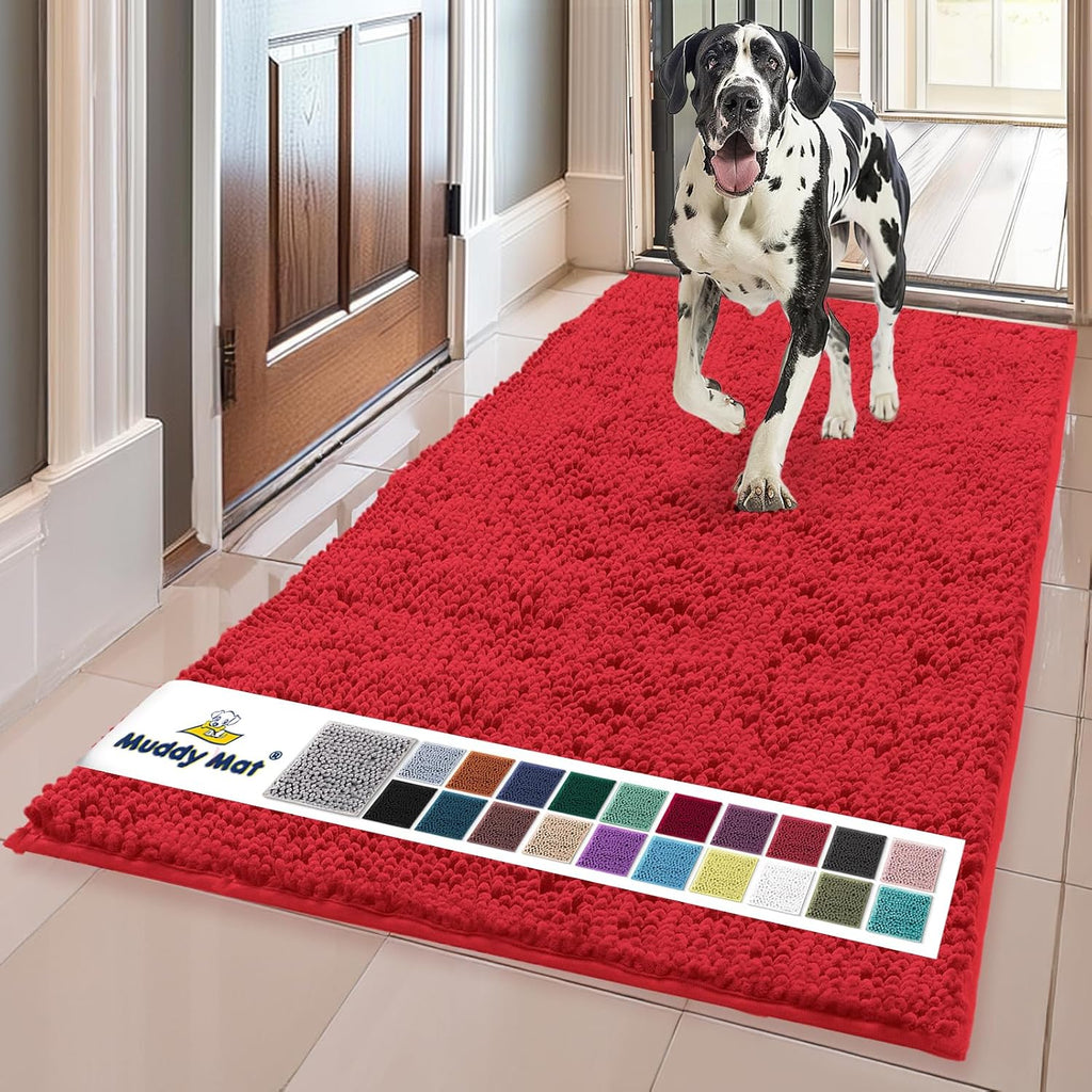 Super Water Absorbent Door Mat Indoor, Microfiber Quick Dry Chenille Entryway Rug, Slip Resistant Front Door Mat, Indoor Mats for Entryway, Machine Washable Pet Rug, Red 36"x72"