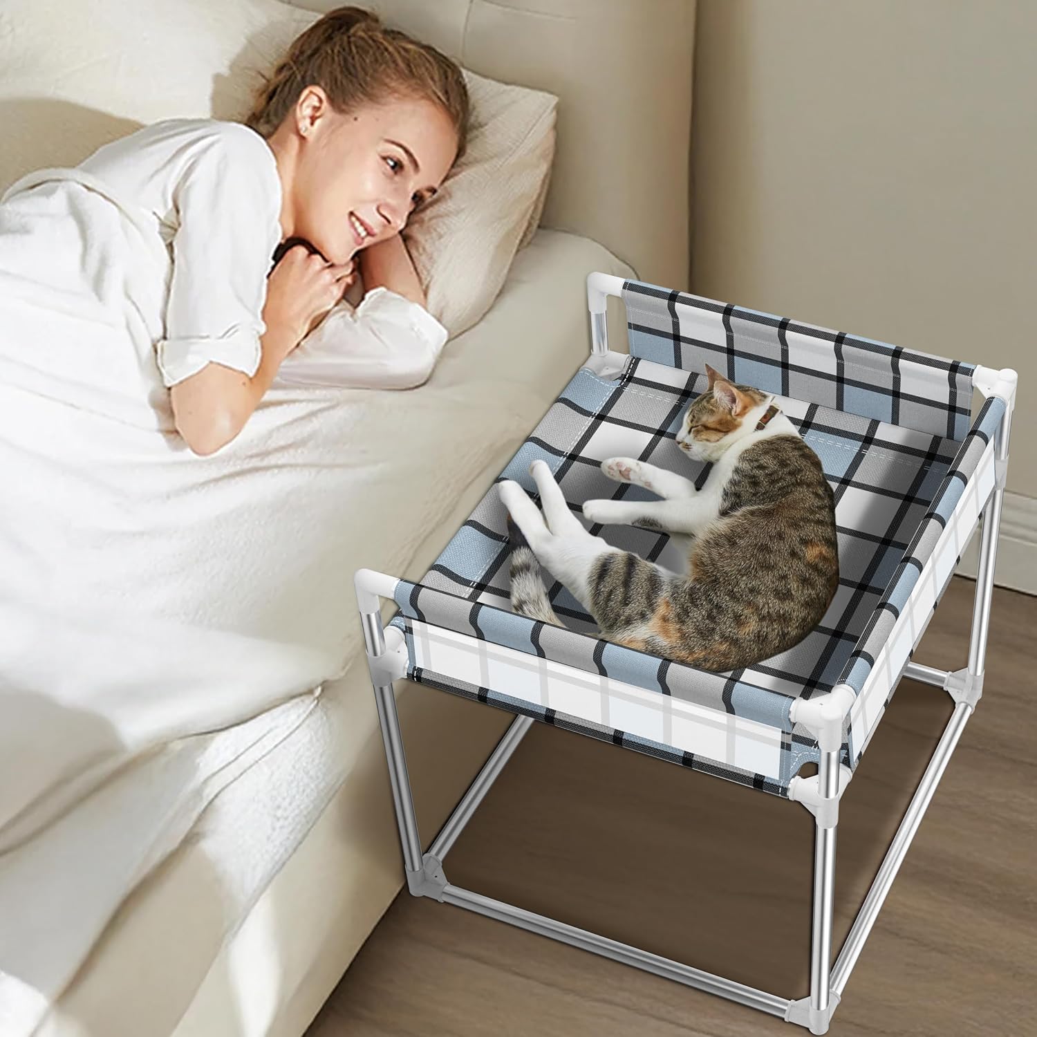 Bedside Cosleeper Dog Bed with Guardrail, 3-Fence Height Elevated Bed Dog | Extension Attached to Human Bed for Medium Dog Cat, Stainless Steel Window Perch Lounge Elevated Sleeper Hammock Furniture