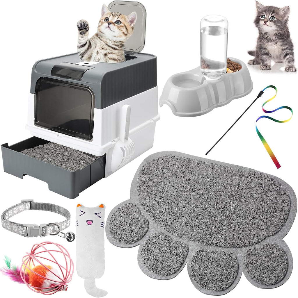 7 Pcs Small Cat Kitten Starter Kit Cat Litter Box with Shovel Paw Litter Mat Double Automatic Bowls Toy Teaser Stick Kitten Collar Essentials Kits for 1-3 Lbs Beginner(Gray)